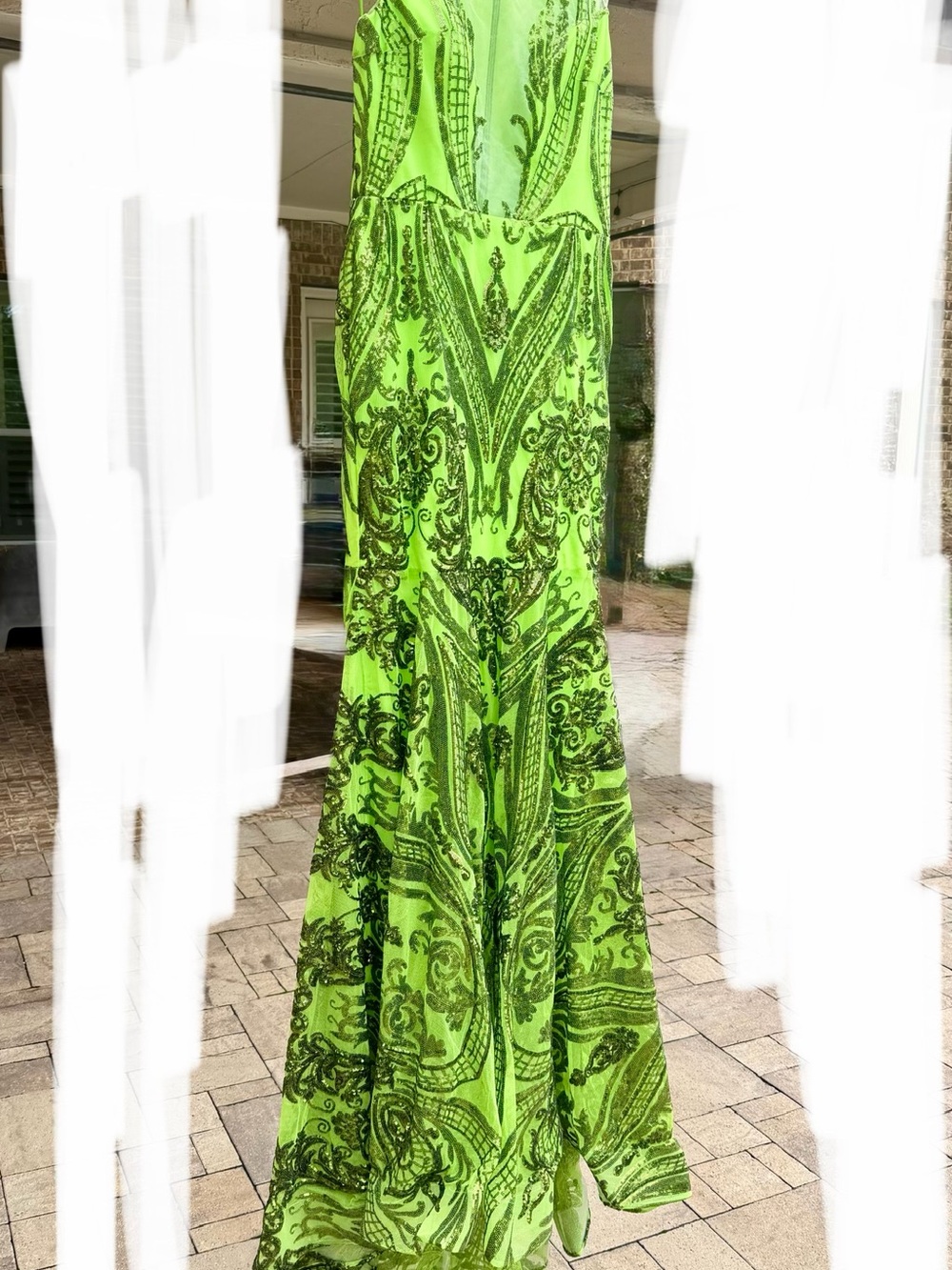 Neon Green Sequin Embellished Maxi Dress w long train